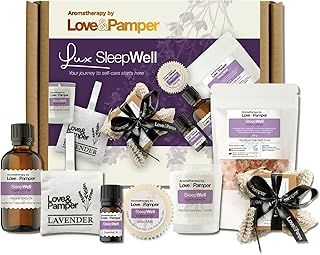 LUX SLEEP WELL - Lavender Aromatherapy SPA Pamper Gift Sets For Women Wellness,Essential & Massage Oil, Himalayan Bath Salt, Soya Candle,Ribbon Tied Sisal Lux Soap,Pillow Pouch,Wax Melt
