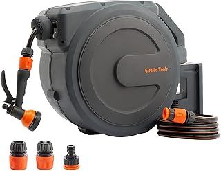 Giraffe Tools Retractable Hose Reel Wall Mounted, 30+2m Garden Hose Reel, 180° Pivoting with 7 in 1 Spray Nozzle, Grey (EUAW-30)
