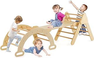 3 in 1 Kids Climbing Set, Wooden Toddler Climber with Reversible Ramp and Arch, Outdoor Indoor Climbing Frame for 1 Years Old + Boys Girls (Natural)