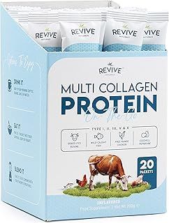 Multi Collagen Protein Powder Packets - Types I, II, III, V & X - Hydrolyzed Grass Fed Bovine, Wild Caught Fish, & Free-Range Chicken & Eggshell Collagen. Non-GMO, Halal, (10g Each, 20 Packets)