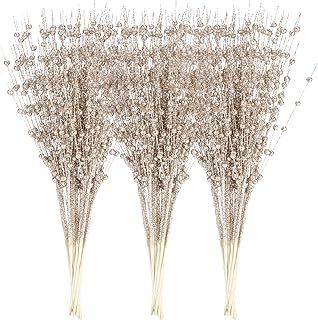 Sea Team 24-Pack Artificial Glitter Berry Stem Ornaments, Decorative Bead Sticks, Glittery Twigs, Picks, Branches for Christmas Tree, Small Vase, Holiday, Wedding, Party (17 Inches, Champagne)