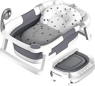 Rabb 1st Baby Bath Tub Foldable,Portable Bath Newborn to Toddler with Non-Slip Mat,Drain Hole,No Thermometer,Grey
