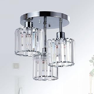 Rayofly Modern Crystal Chandeliers Ceiling Light, 3-Lights Crystal Ceiling Lights Living Room, Chrome Semi Flush Ceilings Light Fittings for Hallway, Bathroom, Bedroom, Foyer, Kitchen Light Fixture