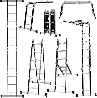 Excel Aluminium Rungs Combination Ladder 4 x 3 Tread Multipurpose 12 Tread 3.5m Heavy Duty with 2 Scaffold Platforms, 8077, Silver