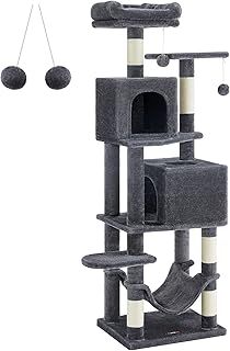 Feandrea Cat Tree, 155 cm Cat Tower for Indoor Cats, Plush Multi-Level Cat Condo with 5 Scratching Posts, 2 Caves, Hammock, 2 Pompoms, Smoky Grey PCT192G01