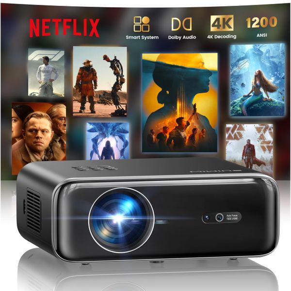 【Netflix Included/Dolby Audio】Smart 4K Projector,1400ANSI FHD 1080P Portable Projector,HDR10 Short Throw Auto Focus/Keystone WiFi6 Bluetooth 50% Zoom Home Cinema Projectors for Bedroom,Outdoor,Gifts