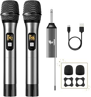 TONOR TW630 Wireless Microphone, UHF Dual Cordless Metal Dynamic Mic System with Rechargeable Receiver, for Karaoke Singing, Wedding, DJ, Party, Speech, Church, Class Use, 200ft, Silver