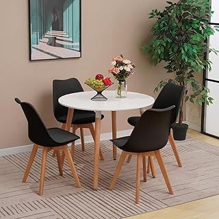 Round Dining Table and Chairs Set 4, Mid Century Modern PU Padded Seat Lounge Chairs and 90cm White Kitchen Table with Solid Wood Legs (Black)