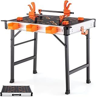 GiantexUK Folding Workbench, 450KG Heavy Duty Work Table with 2 Quick Clamps, 4 Clamp Dogs, 3 Storage Boxes & Measurement, Portable Work Bench for Garage Workshop Engineering Repairing, 85x60x74cm