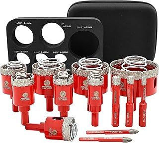 FOCSTOL Tile Hole Cutter Set - Diamond Hole Saw Set for Porcelain Ceramic Tile 13pcs (6/8/10/20/25/28/32/35/45/50/65mm+6/6mm Carbide Drill)