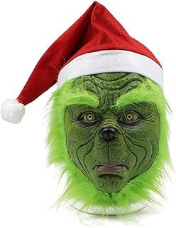 Green Monster Mask,Santa Hat Christmas Mask Green Face Mask, Costume Props Cosplay Scary Head Mask for Adults