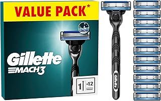 Gillette Mach3 Men's Razor + 12 Razor Blade Refills, 3 Blades for a Smooth Shave, Fits All Mach3 Handles