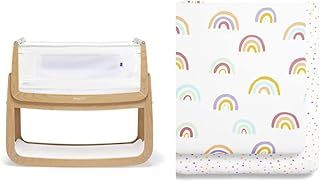 SnuzPod 4 Baby Bedside Crib – Natural – Safety Tested & 2 Pack Crib Fitted Sheets 44 x 80cm – Rainbow Design – Light, Breathable & Luxurious Jersey Cotton Made to Last