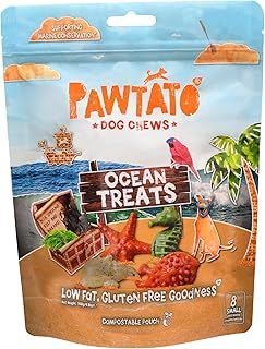 Pawtato Vegan Dog Chews Ocean Treats. Natural rawhide alternative vegan dog treats. Low fat, plant based, hypoallergenic, sweet potato, grain-free chews Small 140g
