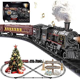 Electric Train Sets for Kids Metal Alloy Christmas Train Toys Steam Locomotive, Glowing Passenger Carriages, Luxury Tracks, Light & Sounds Rechargeable Birthday Gifts for Boys Girls Red