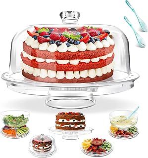 Myiosus Cake Stand with Dome Lid, 27.5cm Acrylic Cake Stands with Dome Cover, 6 in 1 Multi-functional Cake Display Stand Serving Platter Salad Punch Bowl for Birthday, Party, Wedding