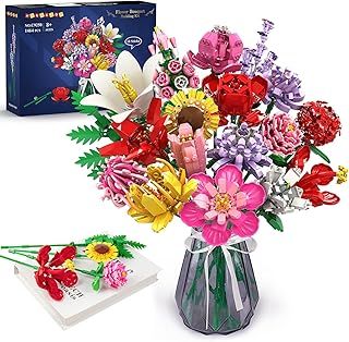 HOGOKIDS Flower Bouquet Set for Adults - 1464PCS Valentines Day Artificial Flowers Botanical Collection | 18 Sticks Ideas Bouquet Gift for Her and Him Decorative Home Plant for Teens Girls Ages 8+