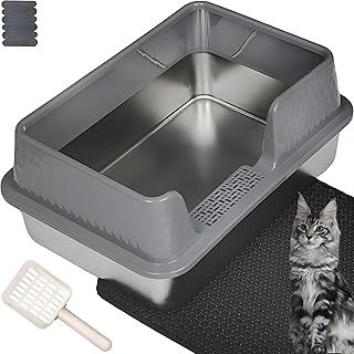Pawsayes Stainless Steel Cat Litter Box with Lid for All Cats,Extra Large Cat Litter Trays with 10cm Anti-Splash High Wall Sided Enclosure for Kitten(50x35x20 cm) (Grey)