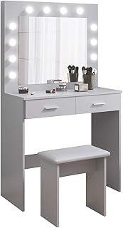 Jooli H Grey Dressing Table Set with Hollywood LED Lights Mirror, Vanity Makeup Table 2 Large Drawers and Stool