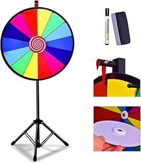 COSTWAY 18"/24" Color Prize Wheel, 14 Slots Fortune Roulette Spinning Game with Dry Erase, Metal Stand for Party Carnival Tradeshow (Rainbow, 24" Tripod Stand)