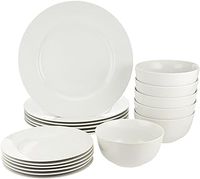 Amazon Basics 18-Piece Plates and Bowls Set, Porcelain Dinner Set for 6 People, Microwave Oven and Dishwasher Safe, White