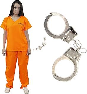 Womans Unisex Prisoners Costume with Cuffs - Orange Prisoner Top, Matching Orange Trousers, Prop Handcuffs – Cops & Robbers, Halloween Fancy Dress