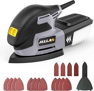 JELLAS Detail Mouse Sander, 220W Compact Sander Machine for Wood, 13,000 RPM Sanders with Dust Collection, 12PCS Standard Sandpapers, 4 Finger Attachment and Sanding Pad Included, JD2442