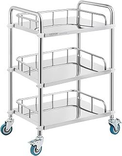 VEVOR Lab Rolling Cart, 3-Shelf Stainless Steel Rolling Car, Serving Cart with Swivel Casters, Dental Utility for Clinic, Lab, Hospital, Salon, 26.38"x15.55"x34.13"