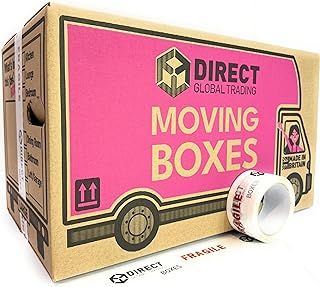 25 Strong Large Cardboard Storage Packing Moving House Boxes with Fragile Tape 52cm x 30cm x 30cm 47 Litres Carry Handles and Room List