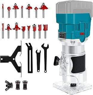 Cordless Router Compatible with Makita 18V Battery, 800W Brushless Wood Trimmer with 6 Speed, 15pcs Trim Router Bits, Straight Guide and 3 Chucks Collets, Palm Router for Woodworking (Tools Only)