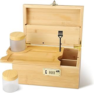 Large Bamboo Storage Organiser with Lock, 2 Airtight Glass Containers & Brush - Multi-Use Home Accessories Box for Collectibles, Coffee Beans & More