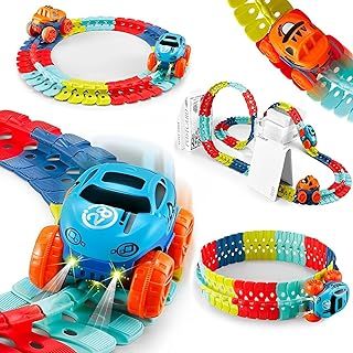 184PCS Electric Race Car Track Set for Kids With Car Glow in the Dark,Flexible DIY Construction Toy For Toddler,Changeable Racing Car Track, for 3 4 5 6 Year Old Boys Girls