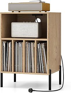 CASART Record Player Stand, Turntable Stand with Charging Station, Metal Legs & Cable Hole, Vinyl Record Storage Cabinet Holds up to 150 Albums End Table for Living Room Bedroom (Natural)