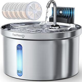 Stainless Steel Cat Water Fountain with 6 Filters, 3.5L/118oz 4000mAh Battery Operated Cat Water Fountain with Motion Sensor, Water & Battery Separation (FN-W08L-Stainless Steel+6 Filters)