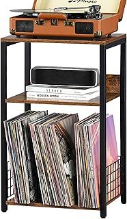 LELELINKY 3 Tier End Table, Record Player Stand with Storage Up to 100 Albums, Industrial Tall Side Tables, Turntable Stand for Vinyl Storage, Brown Records Player Holder Shelf for Living Room Bedroom