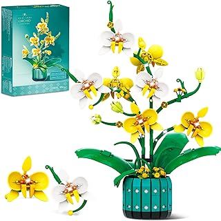 Orchid Bonsai Building Set - 986 Pcs with White & Yellow Orchids - Artificial Plant Set for Adults & Kids for Valentine's Day, Mother's Day, Birthday