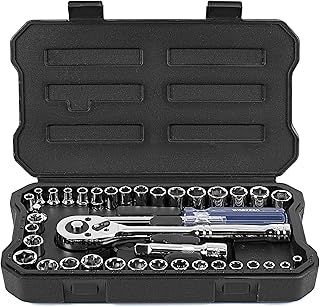 WORKPRO 39-Piece Drive Socket Set 1/4''3/8'', CR-V Metric and Imperial Sockets with Quick-Release Ratchet Wrench, Compact Sockets Set for Car Repair
