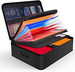 JUNDUN Fireproof Document Box, Waterproof and Fireproof Document Storage,Portable Home Fire Safe Storage Box Case with Lock for Documents,Deed and Birth Certificate