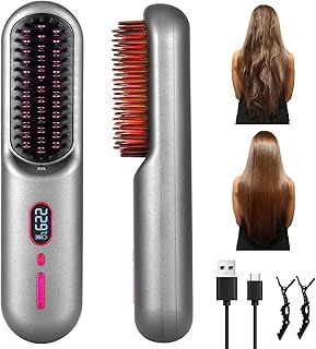 Nuision Cordless Hair Straightener Brush, Portable Hair Straightener Brush for Women,Hair Straightening Brush for Travel,Fast Heating,11 Temperature Settings,USB Rechargeable Negative Ion Comb (Grey)