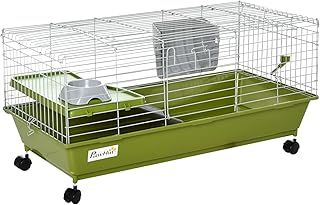 PawHut Small Animal Cage Rabbit Guinea Pigs Chinchillas Cage w/Wheels Water Bottle Food Dish Platform Ramp 89 x 44 x 43 cm Green