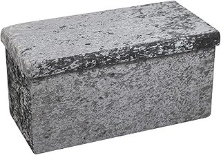 Crushed Velvet Quilted Top Folding Storage Ottoman Seat, Stool, Toy Storage Box (Silver Large)