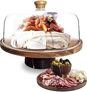 NWK 3-in-1 Cake Stand with Lid Rustic Acacia Wooden Cake Plate with Pedestal, Food serving Platter, Cheese Board, Acrylic Cover Shatterproof