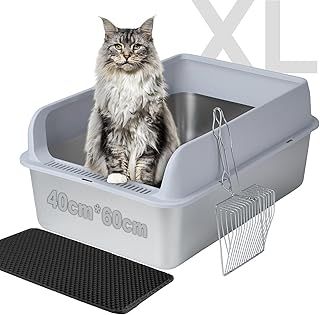 Enclosed Stainless Steel Cat Litter Box, Extra Large Capacity with High Sides, Long Lasting Metal Litter Pan with Lid, Odor Free, Anti-Urine Leakage, Easy Cleaning, Include Scoop & Mat
