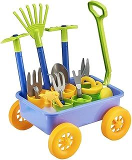 Pull along Kids Wagon Wheelbarrow and Gardening, Beach and Tools Play Set With Water Pail and Spray Includes 10 Accessories and 4 Plant Pots