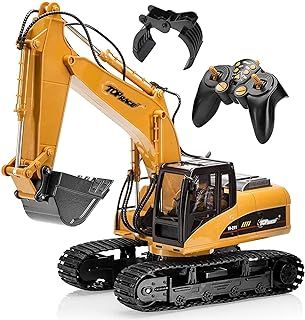 Top Race Remote Control Construction Excavator Toy with Grapple Fork and Shovel - 15 Channel 2.4GHz Fully Functional Digger for Kids Ages 8+