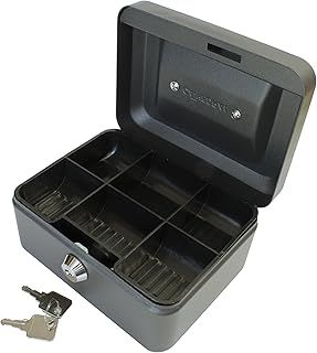 Cathedral Products Key Lockable Cash Box with Lift Out 6 Compartment Coin Tray - 6 Inch - Black