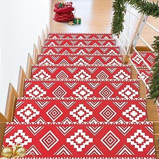 Famibay Christmas Stair Treads 15 Pack 20x76cm Non-Slip Indoor Carpet Pads for Wooden Steps - Red Runners Mats for Kids, Elders, Dogs