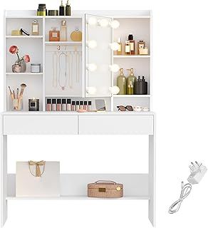 VASAGLE Dressing Table with LED Lights, 9 Bulbs, 3 Light Colours, Adjustable Brightness, Vanity Desk with Mirror, Adjustable Shelves, 2 Drawers, Makeup Desk, Modern, White RDT126W02