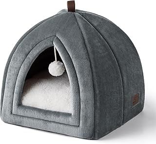 Bedsure Cat Cave Bed Indoor - Flannel Hooded Cat Igloo House, 38x38x38cm Enclosed Foldable Pet Bed with Removable Washable Cushion Pillow, Grey