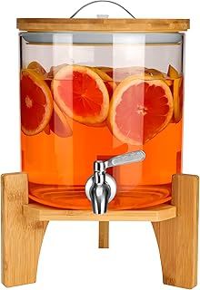 Glass Drink Dispenser with Stainless Steel Tap & Bamboo Stand - 5L/1.3 Gallons Cold Beverage Dispenser for Water, Juice, Lemonade & Parties